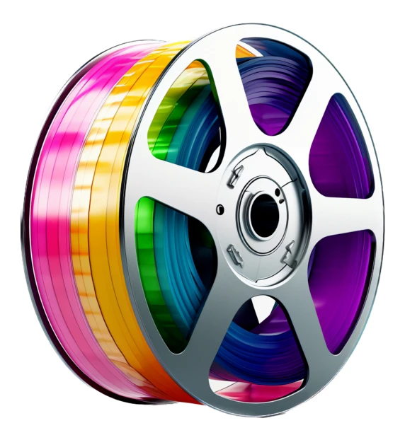 Vintage movie reel with rainbow colored film strips