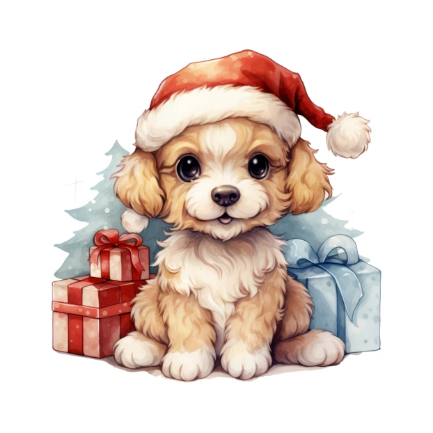 Cute watercolor puppy wearing a Santa hat with Christmas gifts
