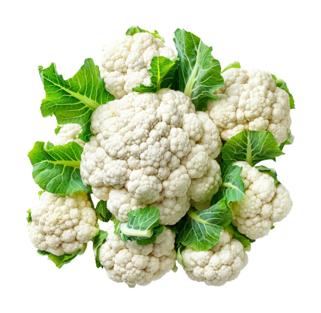 Fresh cauliflowers with green leaves isolated on white background
