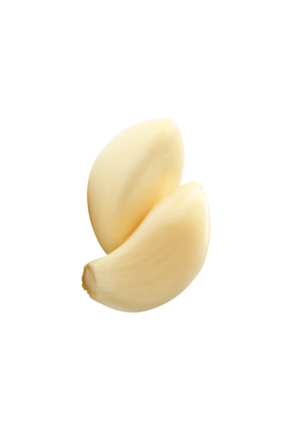 Two peeled garlic cloves isolated on a white background