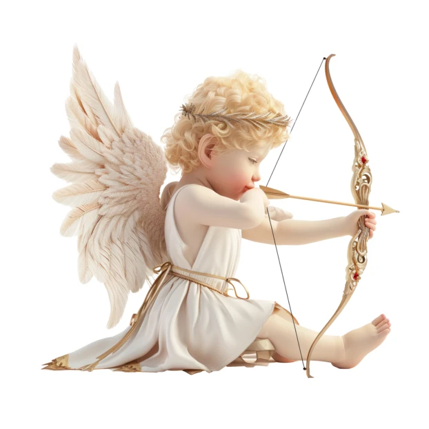 Cupid angel aiming golden bow and arrow on white background