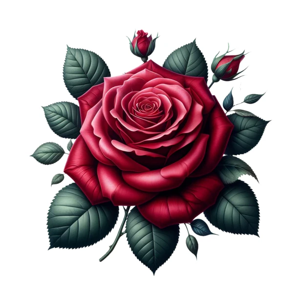 Single red rose flower with leaves isolated on white background