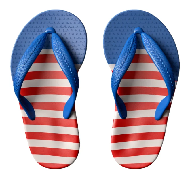 Pair of American flag flip-flops isolated on white background