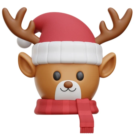 Cute 3D reindeer head wearing a Santa hat and scarf