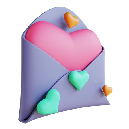 3D render of open purple envelope with colorful hearts
