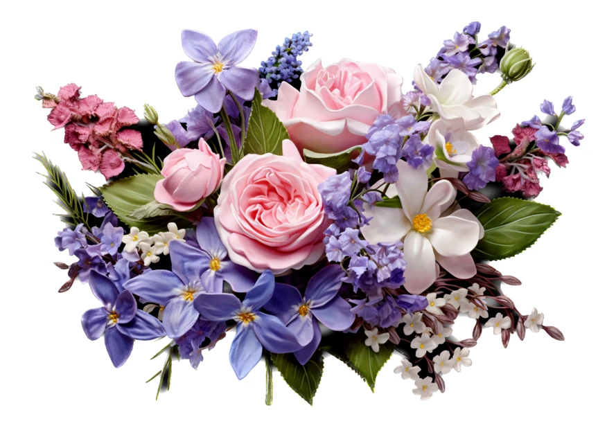Bouquet of pink roses and purple flowers on white background