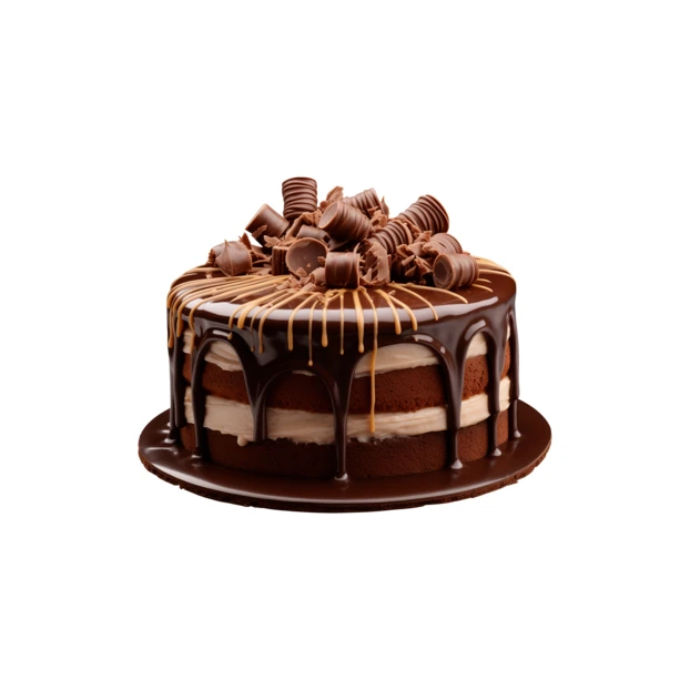 Chocolate layer cake with ganache drip and chocolate curls