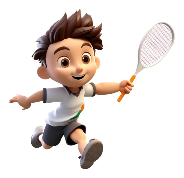 3D cartoon boy character running with a tennis racket