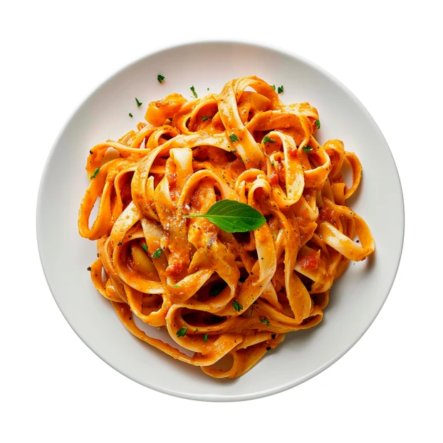 Tagliatelle pasta with tomato sauce and basil on white plate