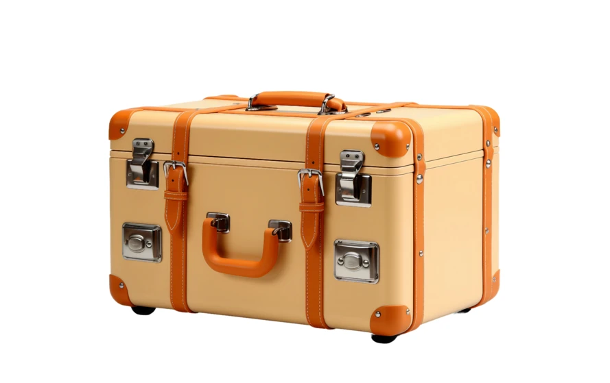 Vintage cream suitcase with orange leather straps and trim