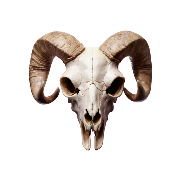 Ram skull with curved horns isolated on white background