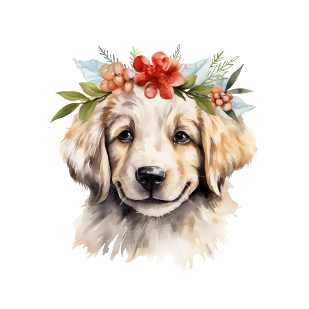 Watercolor golden retriever puppy wearing a floral crown