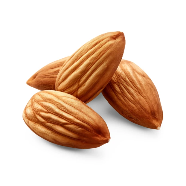 Small pile of whole raw almonds on white background