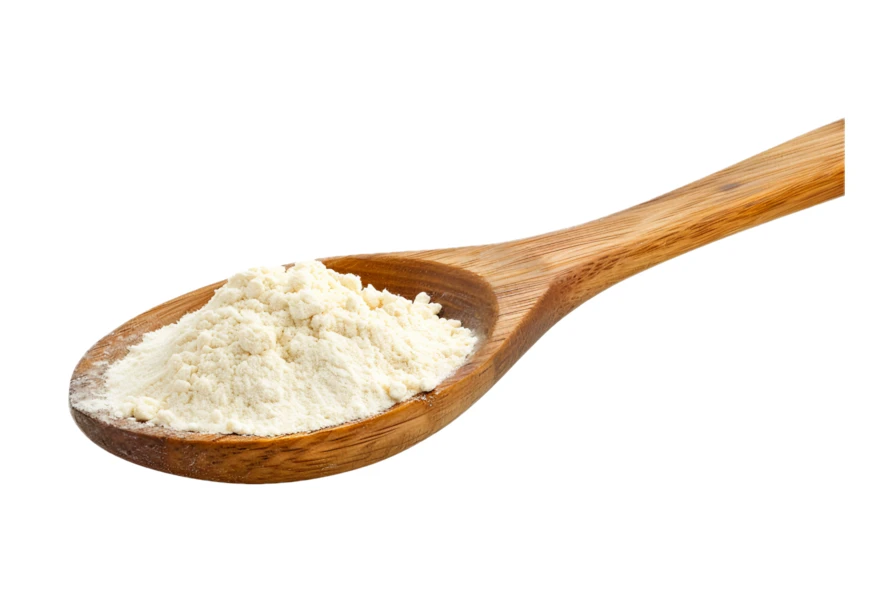 Wooden spoon with white powder isolated on white background