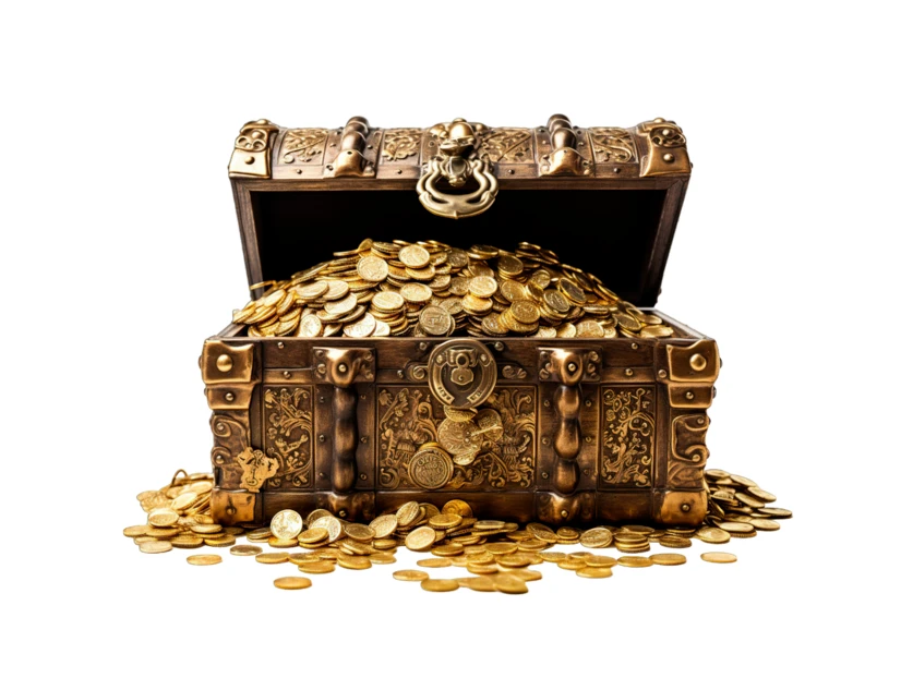 Ornate treasure chest overflowing with gold coins on white background