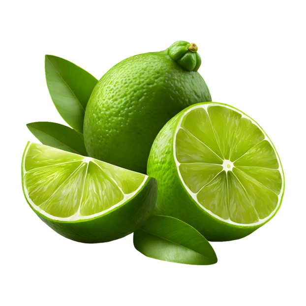 Fresh whole lime with half and wedge on white background