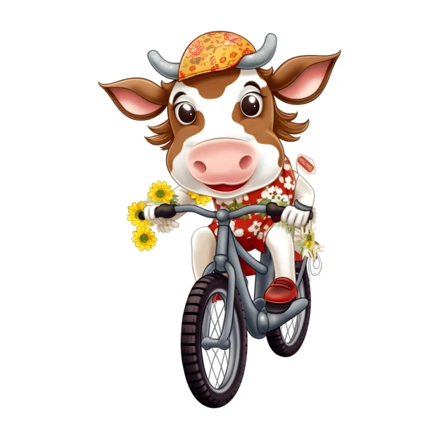 Cute cartoon cow riding a bicycle with yellow flowers
