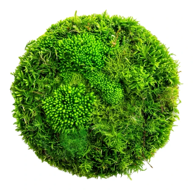 Circular arrangement of various green moss textures isolated on white