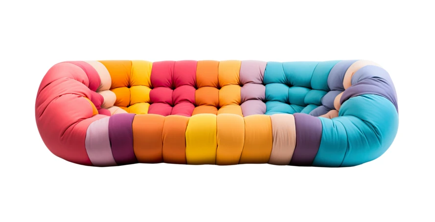 Vibrant multicolored tufted fabric sofa isolated on white background