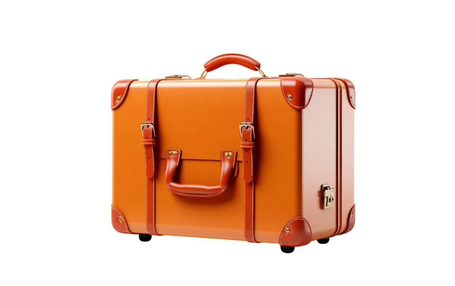Vintage orange suitcase with leather straps on white background