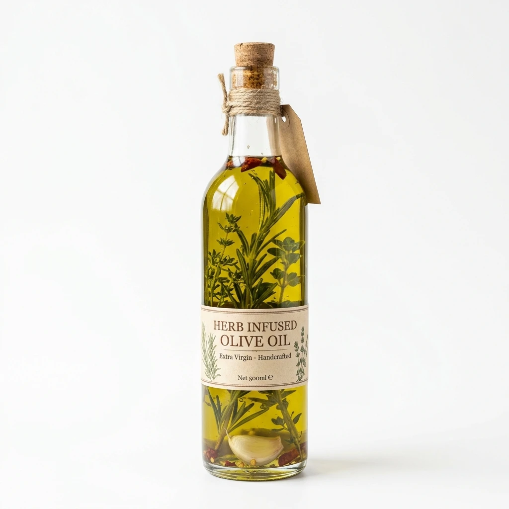 Herb infused extra virgin olive oil in a glass bottle
