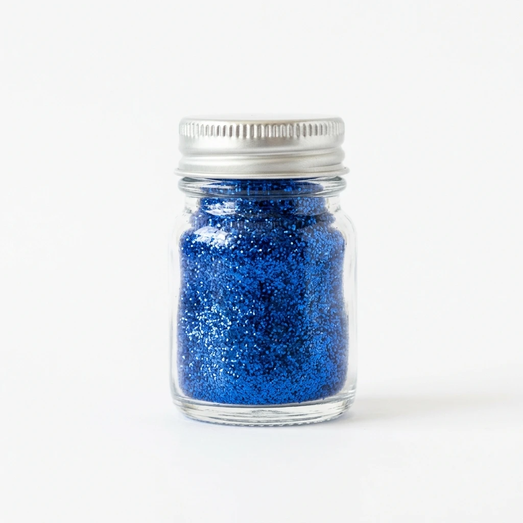 Small glass jar filled with blue glitter on white background