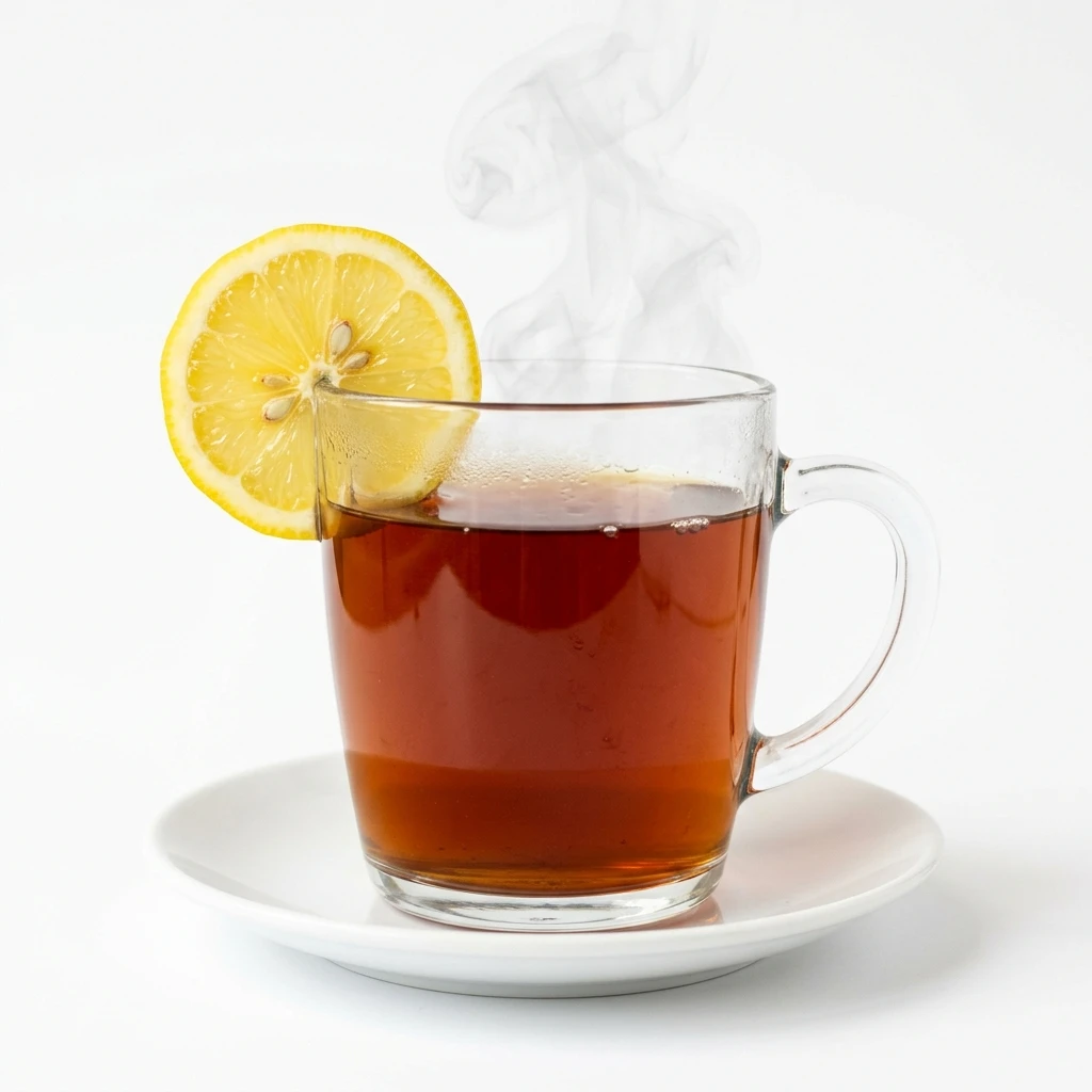 Steaming glass cup of black tea with lemon slice