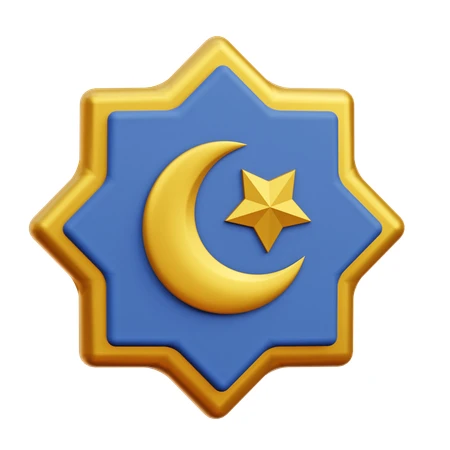 3D Islamic crescent moon and star icon on eight-pointed star