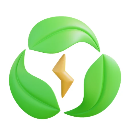 3D renewable energy icon with green leaves and lightning bolt