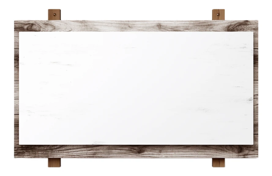 Blank white sign with rustic wooden frame isolated on white