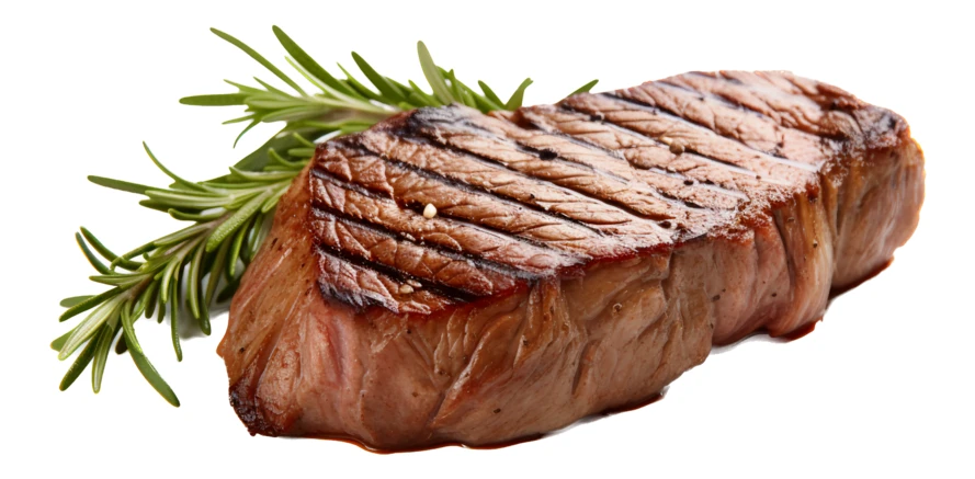 Grilled beef steak with rosemary sprig isolated on white