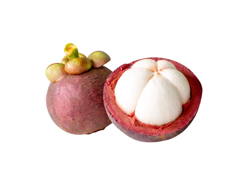 Fresh whole and halved mangosteen fruit on white background