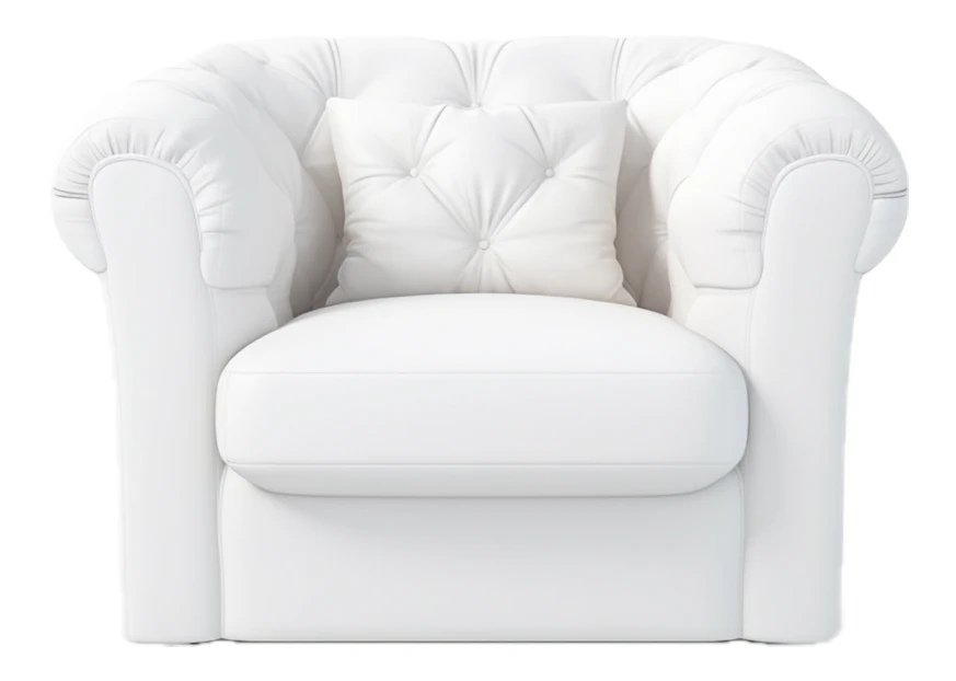 Elegant white tufted armchair with matching pillow