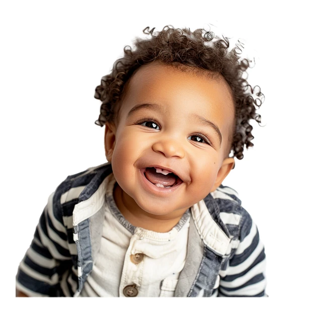 Happy African American baby boy with curly hair laughing