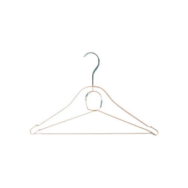 Rose gold metal wire clothes hanger on white background