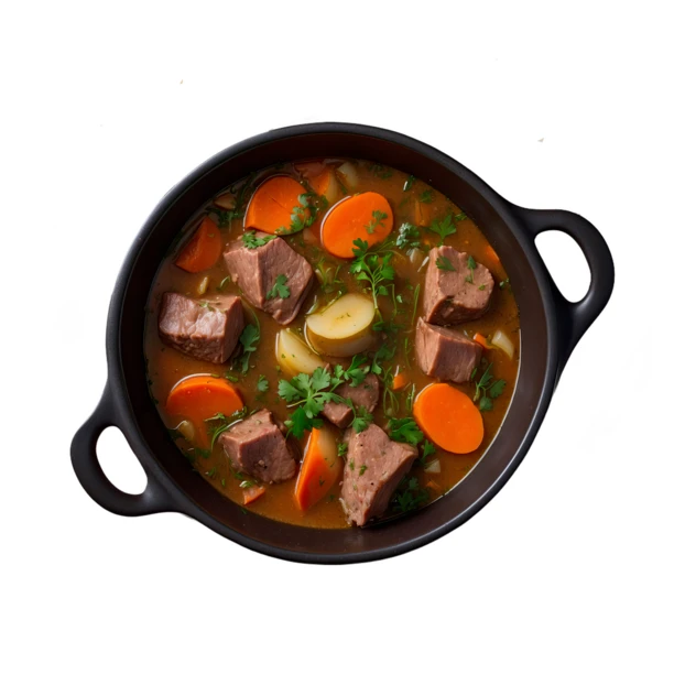 Top view of hearty beef stew isolated on white