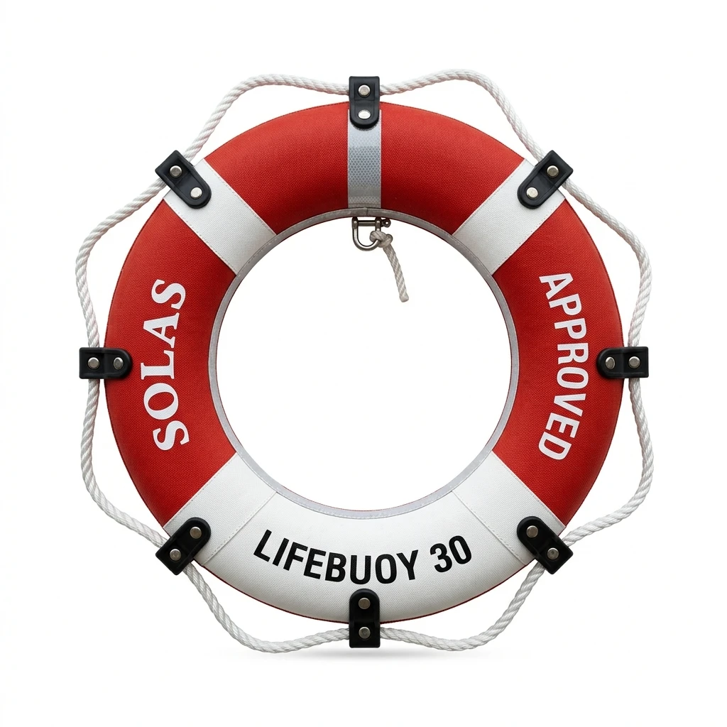 Red and white SOLAS approved marine lifebuoy on white background