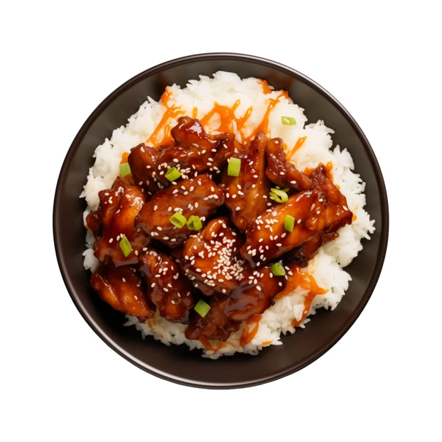 Sesame chicken and rice bowl with spicy mayo drizzle