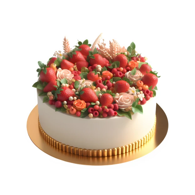 White frosted cake topped with fresh strawberries and flowers