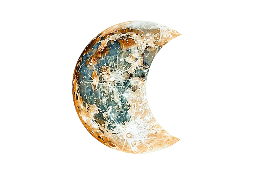 Watercolor illustration of a crescent moon on white background