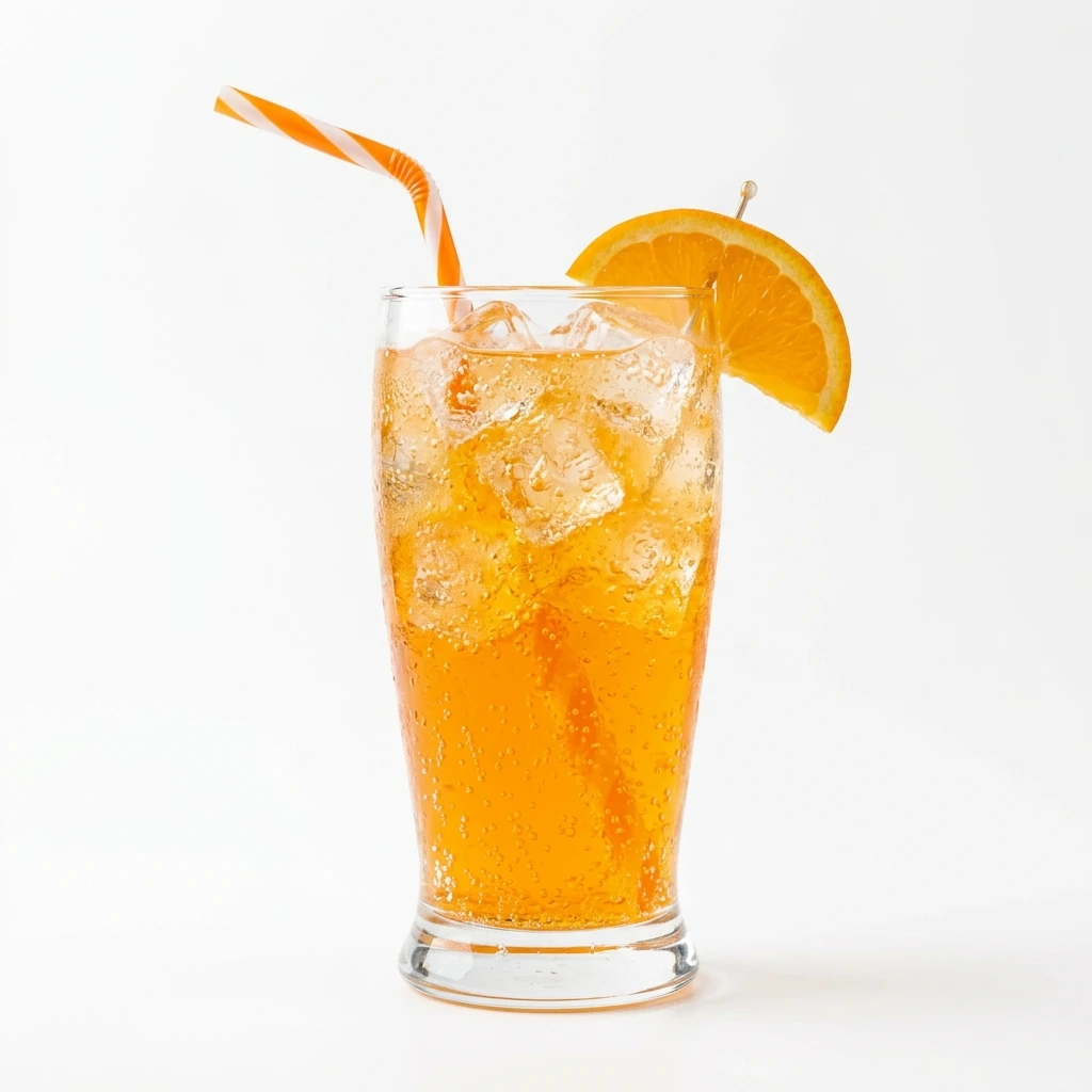 Glass of orange soda with ice and a straw