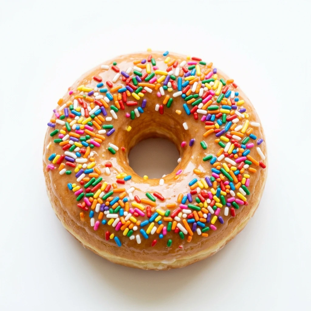 Glazed donut with colorful sprinkles on white background