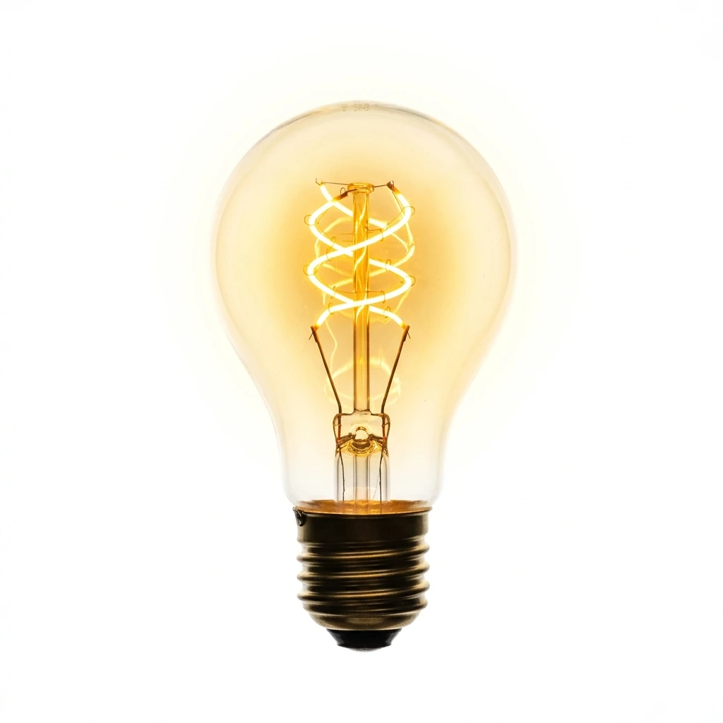Vintage Edison light bulb glowing on a white background