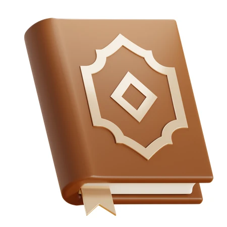 3D icon of a brown hardcover book with gold ornament