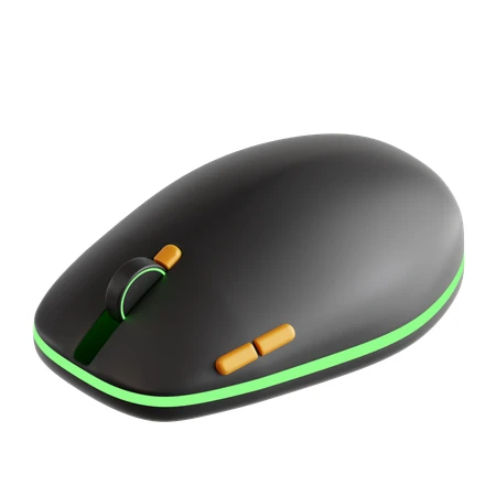 Black wireless computer mouse with green LED on white background