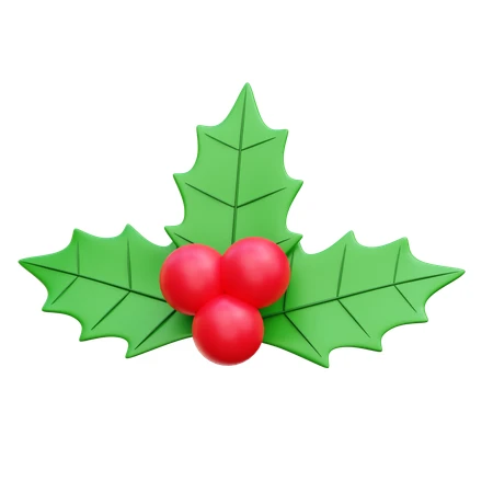 3D illustration of green holly leaves with red berries