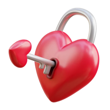 3D red heart shaped padlock and key isolated on white