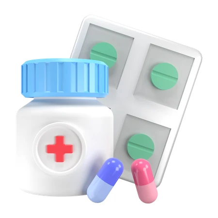 3D illustration of medical pill bottle blister pack and capsules