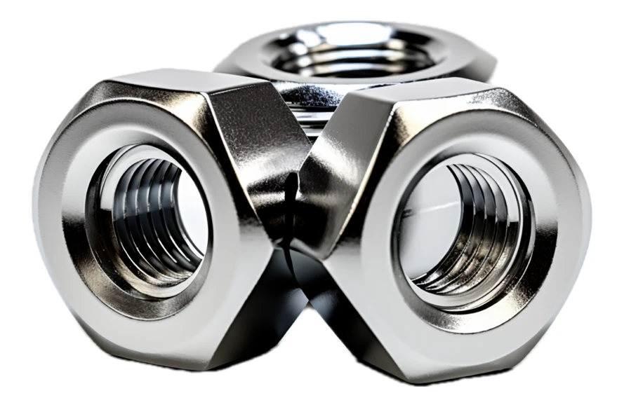 Three shiny stainless steel hex nuts on white background