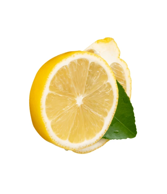 Fresh sliced lemon with green leaf isolated on white background